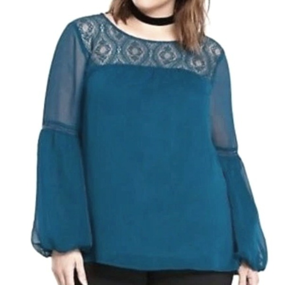 TORRID Women 5X Teal Lace Yoke Bell Sleeve Chiffon Peasant Blouse Boho Tunic Top